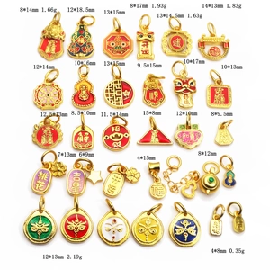 Detailed view of assorted enamel gold-plated pendants with precise size and weight measurements