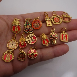 Traditional Chinese gold-plated charms set with red enamel lion dance and blessing motifs