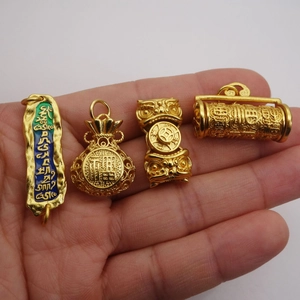 Gold sand enamel pendants featuring fortune bags, pixiu, and scripture cylinder charms