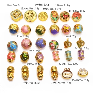 Detailed view of assorted copper gold-plated enamel beads for DIY jewelry making