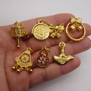 Traditional Chinese gold-plated pendants set including lotus, cylinder and lock charms