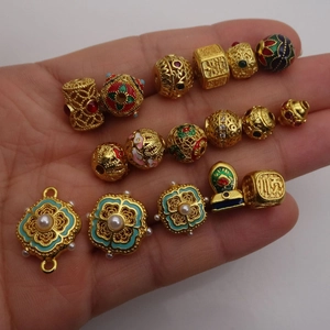 Gold-plated hollow beads and charms with colorful enamel floral patterns for bracelets