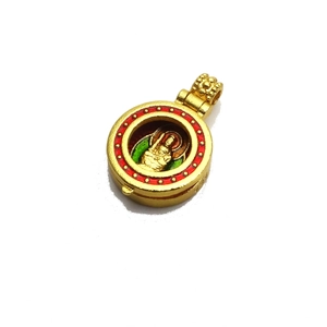 Detailed close-up of golden zodiac guardian Buddha pendant with red and green enamel accents