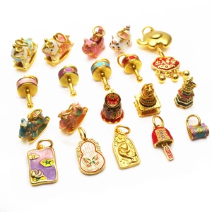 Traditional Chinese gold-plated enamel charms featuring zodiac signs and lucky symbols