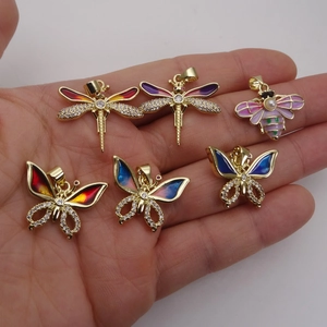 Gold-plated insect pendants featuring colorful enamel butterflies and zircon dragonflies