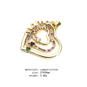 Detail view of heart-shaped MAMA pendant with colorful zircon stones and dimensions
