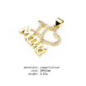 Macro detail of gold-plated I Love MAMA heart pendant with micro-pave zircons 20x21mm