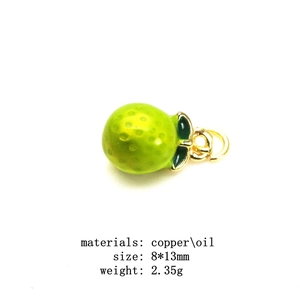Detailed view of lime fruit charm made of copper and green oil dripping, size 8x13mm