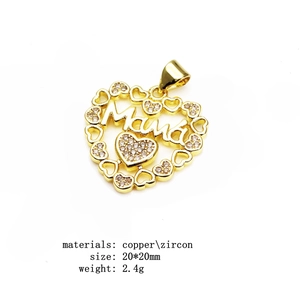 Detail view of 20mm gold plated Mama heart pendant with micro-pave cubic zirconia