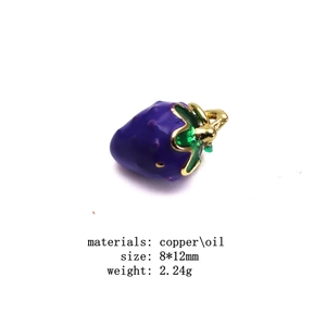 Detail of purple strawberry charm with green leaves and dimensions of 8x12mm