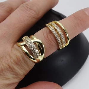 Adjustable gold plated micro-pave zircon heart ring with multi-layered geometric lines