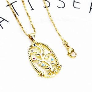 Detailed close-up of a gold-plated Tree of Life pendant with multi-color stones and MOM text