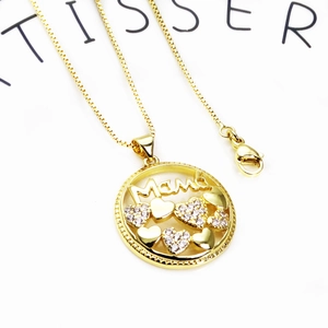 Gold-plated MAMA heart pendant necklace with micro-pave cubic zirconia on box chain