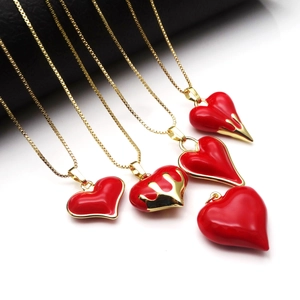 Red Heart Drip Oil Pendant Necklace For Women Gold Plated Copper Enamel Lava Heart Charm Jewelry For Party Gift