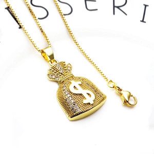 Collier pendentif sac d'argent hip-hop en cuivre doré et zircons micro-pavés