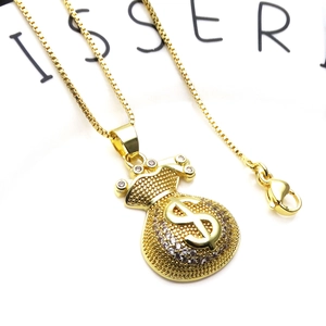 Collier pendentif sac d'argent doré hip hop avec oxydes de zirconium et chaîne box
