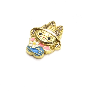 Micro-inset zircon cartoon girl pendant with gold metal base and colorful enamel details