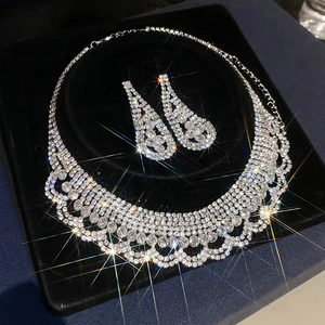 Detailed macro view of sparkling rhinestone choker necklace and matching teardrop earrings