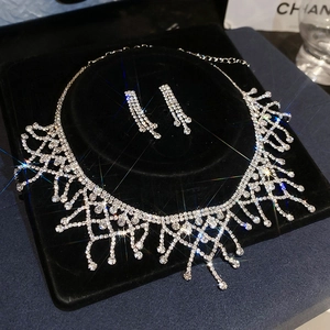 Detail of sparkling rhinestone tassel necklace and earrings set in a luxury box