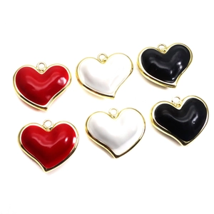 Set of 6 enamel heart pendants in red, white and black colors for jewelry making DIY