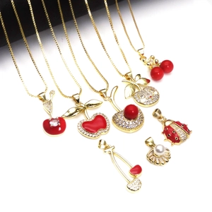 Fashion Copper Fruit Pendant Necklace Gold Plated Red Enamel Cherry Apple Ladybug Shell Zirconia Pendant Jewelry For Women