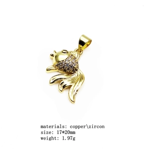 Macro detail of 17x20mm gold-plated goldfish pendant with zircon inlay and dimensions