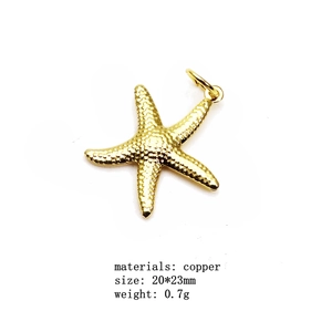 Detailed view of 20x23mm gold starfish pendant made of copper with fine texture