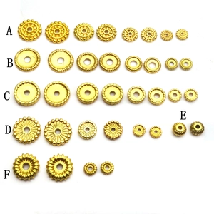 Flat round gold spacer beads in various textured patterns and sizes for DIY jewelry making