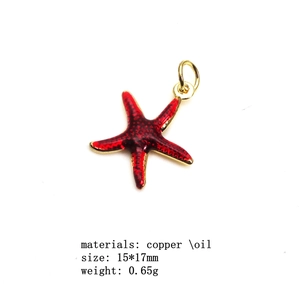 Detail view of 15x17mm red starfish pendant made of copper and oil drip for jewelry