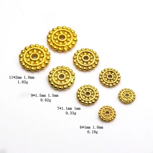 Detailed view of four sizes of gold-plated copper gear spacers for DIY jewelry making