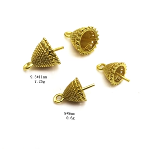 Macro detail of copper plated gold teardrop pendant caps with size and weight parameters