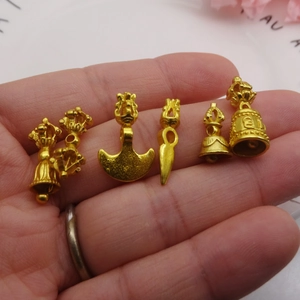 6-piece Tibetan Buddhist brass pendant set with Vajra bell and axe in vintage gold finish