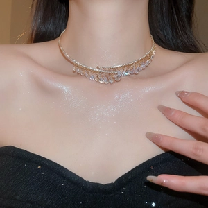 Détail rapproché d'un collier ras du cou en zircon étincelant sur le cou du mannequin.