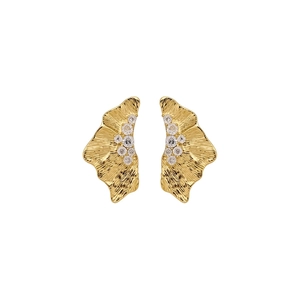 18k gold plated wrinkled leaf stud earrings with sparkling zircon clusters on white
