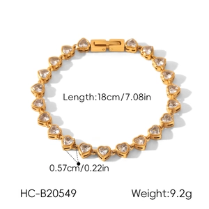 Detailed view of women's gold stainless steel heart-shaped zircon bracelet with dimensions