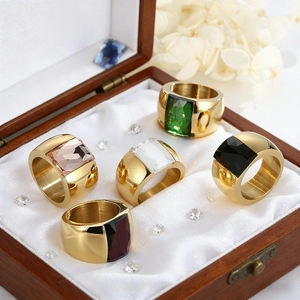 Fashionable chunky gold stainless steel rings with colorful rectangular glass gemstones