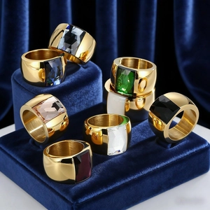 Luxury bold gold-plated stainless steel rings with multi-colored square glass stones