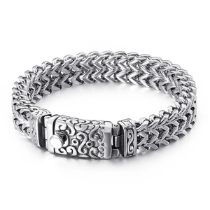 Bracelet lourd en acier titane pour homme avec chaîne d'os de dragon et fermoir argenté orné