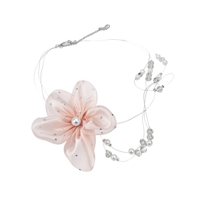 Elegante collar de flores de gasa rosa con cuentas de vidrio y perlas para mujer
