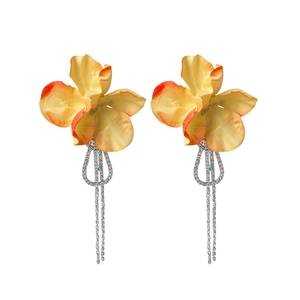 Elegant yellow fabric flower stud earrings with shimmering zirconia tassel drops