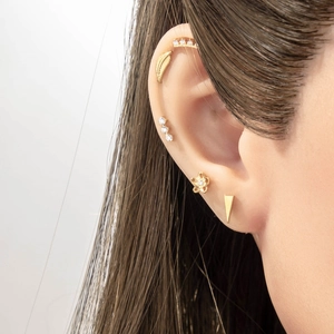 Set van gouden titanium kraakbeenpiercings en geometrische oorbellen op een model