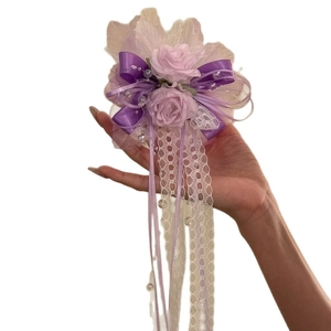 Elegante molletta per capelli a fiore in chiffon viola con fiocco in raso e pizzo