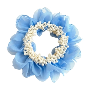 Elegant blue chiffon flower hair scrunchie with delicate white pearl embellishments