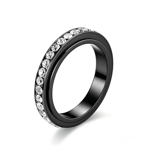Detail view of black titanium steel ring featuring a single row of sparkling crystals