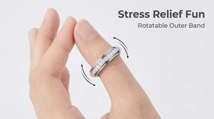 Close-up showing the rotatable outer band of this sparkling crystal stress relief ring