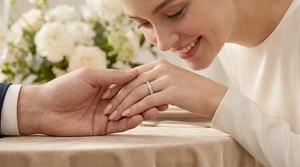 Romantic close-up of a titanium steel eternity ring with sparkling diamonds on a hand