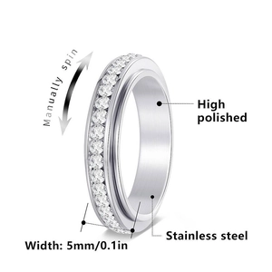 Detail view showing the rotating mechanism and 5mm width of the stainless steel CZ ring.