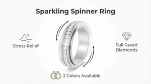 Detail view of silver stainless steel spinner ring with full paved diamonds