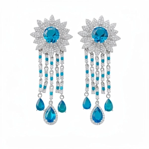 Eleganti orecchini a girasole con zirconia blu e pendenti a goccia d'acqua.