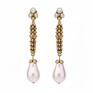 Elegant vintage gold wheat ear dangle earrings with teardrop pearls and crystals